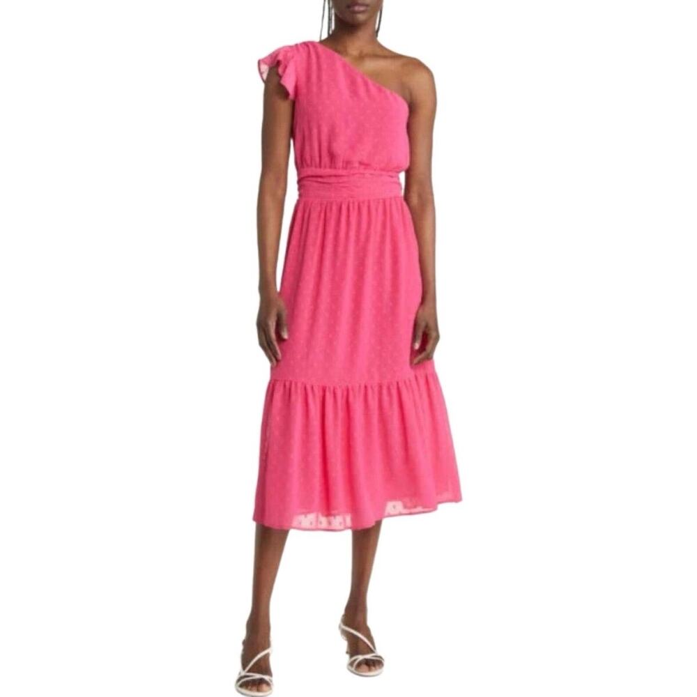 Chelsea28 Pink Swiss Dot One Shoulder Tiered Midi Dress XL NWT Ruffle Cocktail